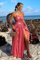 Arvyn | Hot Pink - A Line V Neck Metallic Satin Long Prom Dresses With Cut out - KissProm