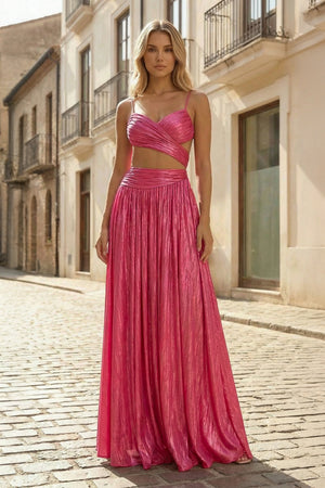 KissProm- Hot Pink A Line Spaghetti Straps Metallic Satin Long Prom Dresses With Cut out