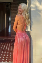 Arvyn | Hot Pink - A Line V Neck Metallic Satin Long Prom Dresses With Cut out - KissProm