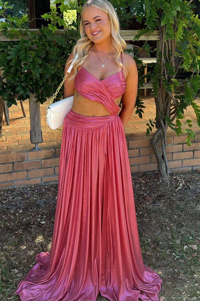 Arvyn | Hot Pink - A Line V Neck Metallic Satin Long Prom Dresses With Cut out - KissProm