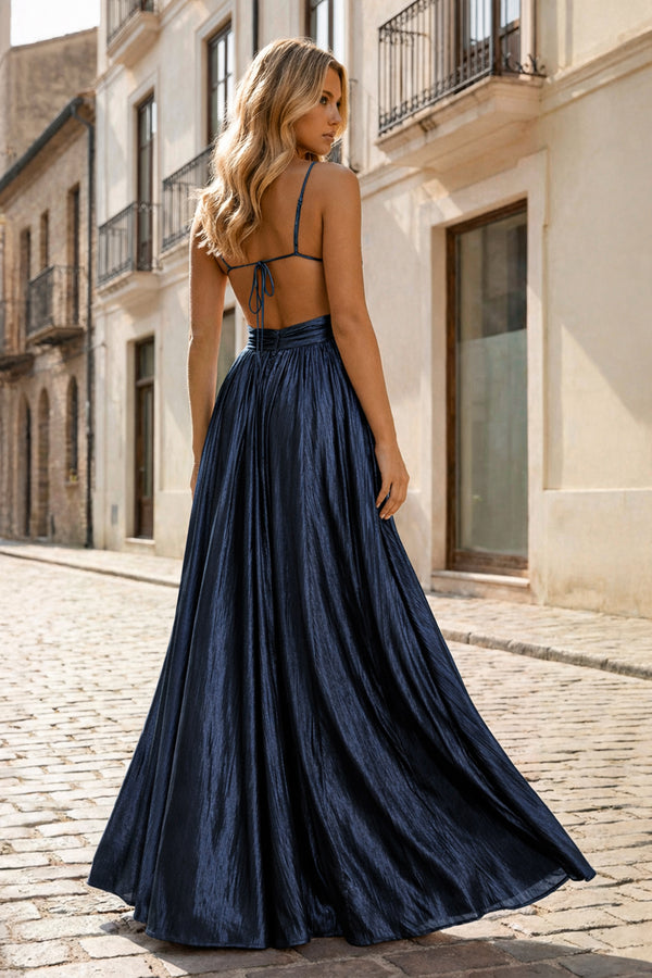 KissProm-Navy Blue  A Line Spaghetti Straps Metallic Satin Long Prom Dresses With Cut out