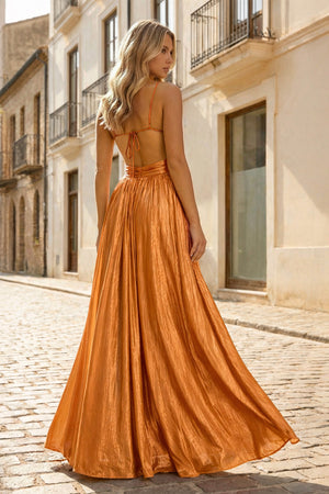 KissProm-Orange A Line Spaghetti Straps Metallic Satin Long Prom Dresses With Cut out