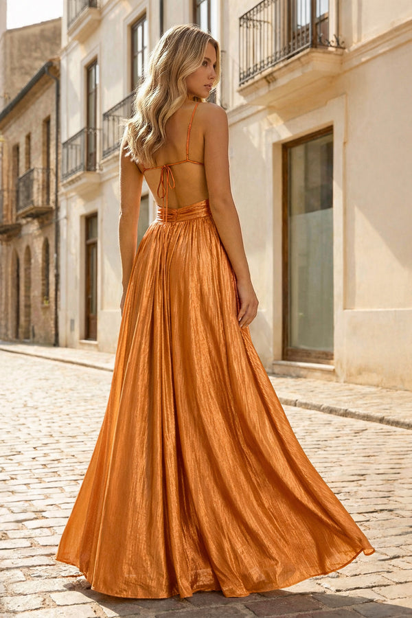 KissProm-Orange A Line Spaghetti Straps Metallic Satin Long Prom Dresses With Cut out