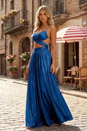 Hot Pink A Line Spaghetti Straps Metallic Satin Long Prom Dresses With Cut out - KissProm