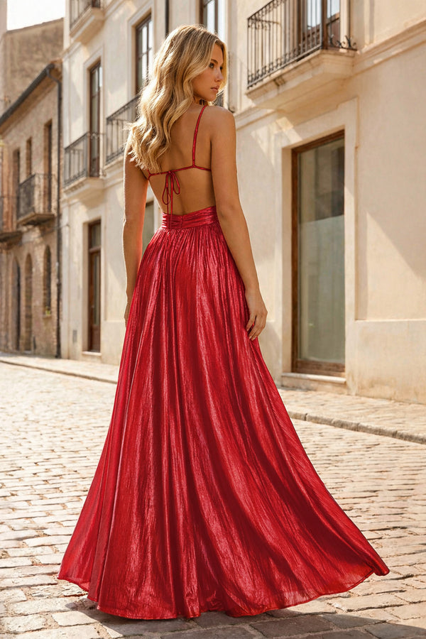 KissProm-Red A Line Spaghetti Straps Metallic Satin Long Prom Dresses With Cut out