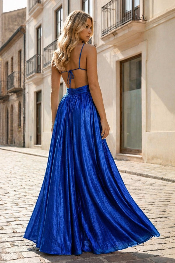 KissProm Hot Pink A Line Spaghetti Straps Metallic Satin Long Prom Dresses With Cut out, Royal Blue / 12