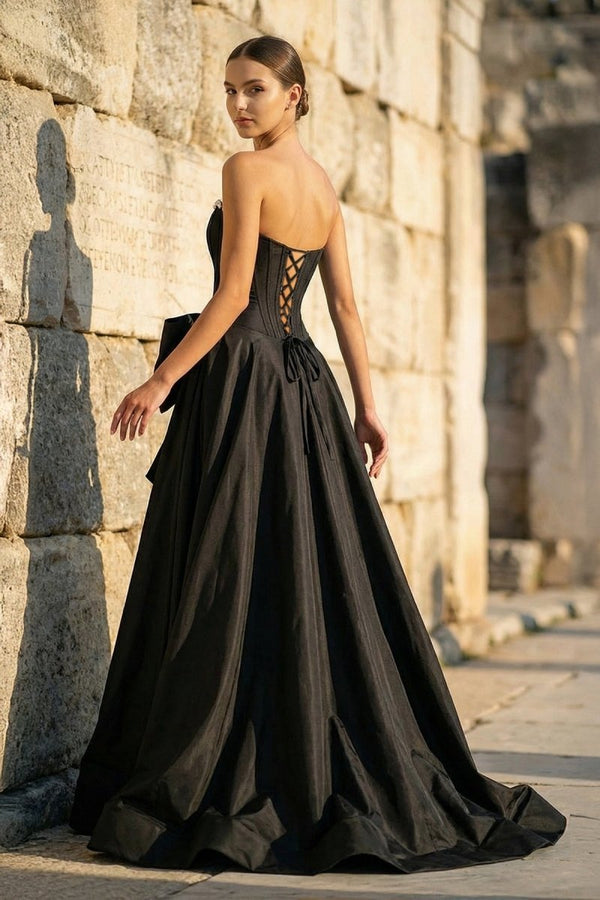 Black - Strapless A Line Satin Pearl Long Formal Prom Dresses With Bow - KissProm