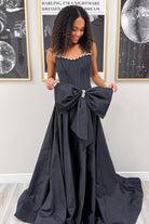 Aspen | Black - Strapless A Line Satin Pearl Long Formal Prom Dresses With Bow - KissProm