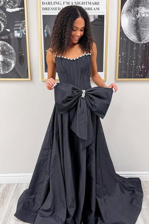 Aspen | Black - Strapless A Line Satin Pearl Long Formal Prom Dresses With Bow - KissProm