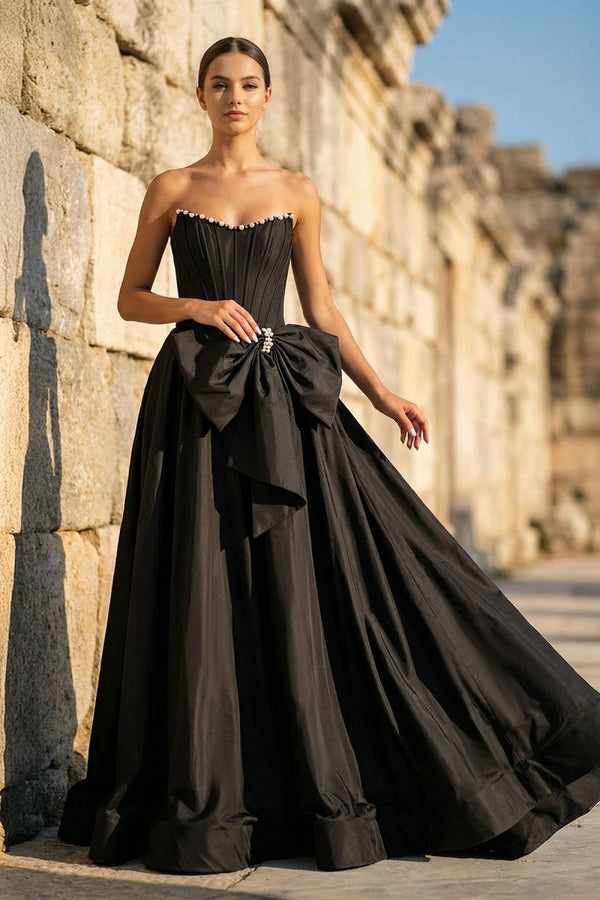 Black - Strapless A Line Satin Pearl Long Formal Prom Dresses With Bow - KissProm
