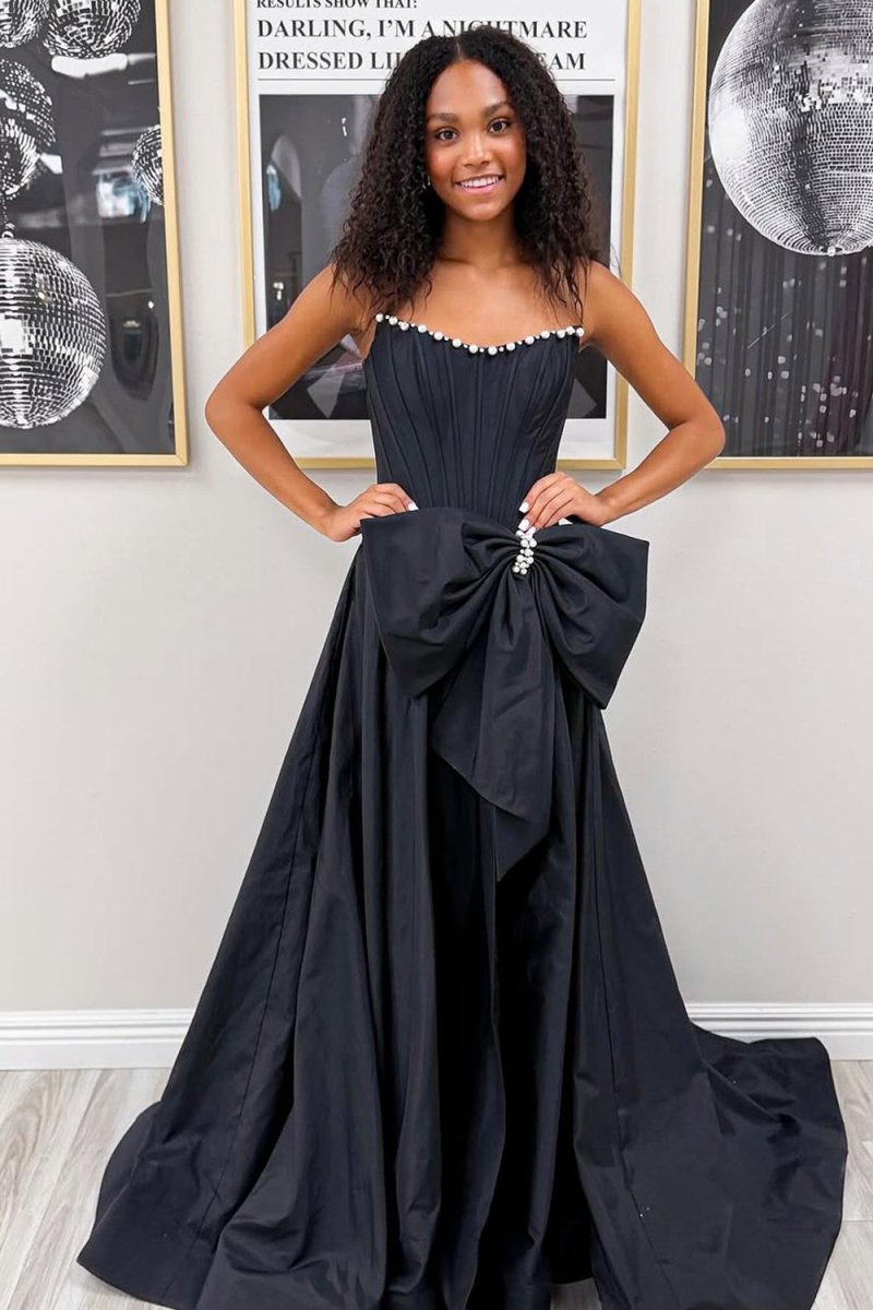 Aspen | Black - Strapless A Line Satin Pearl Long Formal Prom Dresses With Bow - KissProm