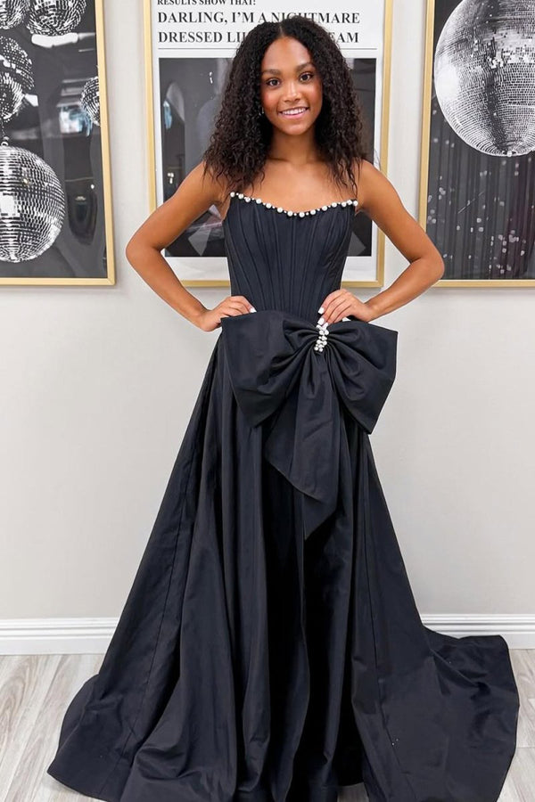 Aspen | Black - Strapless A Line Satin Pearl Long Formal Prom Dresses With Bow - KissProm
