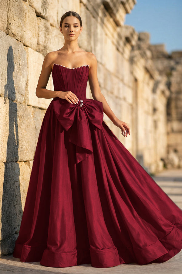 KissProm-Burgundy  Strapless A Line Satin Pearl Long Formal Prom Dresses With Bow