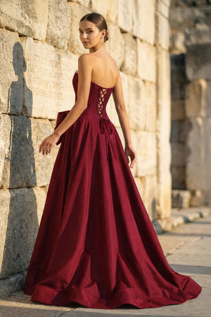 KissProm-Burgundy  Strapless A Line Satin Pearl Long Formal Prom Dresses With Bow