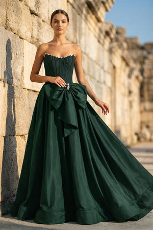 KissProm-Dark Green Strapless A Line Satin Pearl Long Formal Prom Dresses With Bow