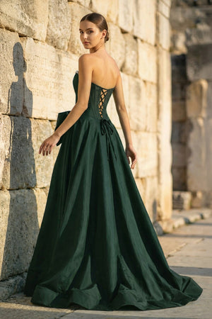 KissProm-Dark Green Strapless A Line Satin Pearl Long Formal Prom Dresses With Bow