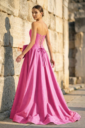 KissProm- Hot Pink Strapless A Line Satin Pearl Long Formal Prom Dresses With Bow