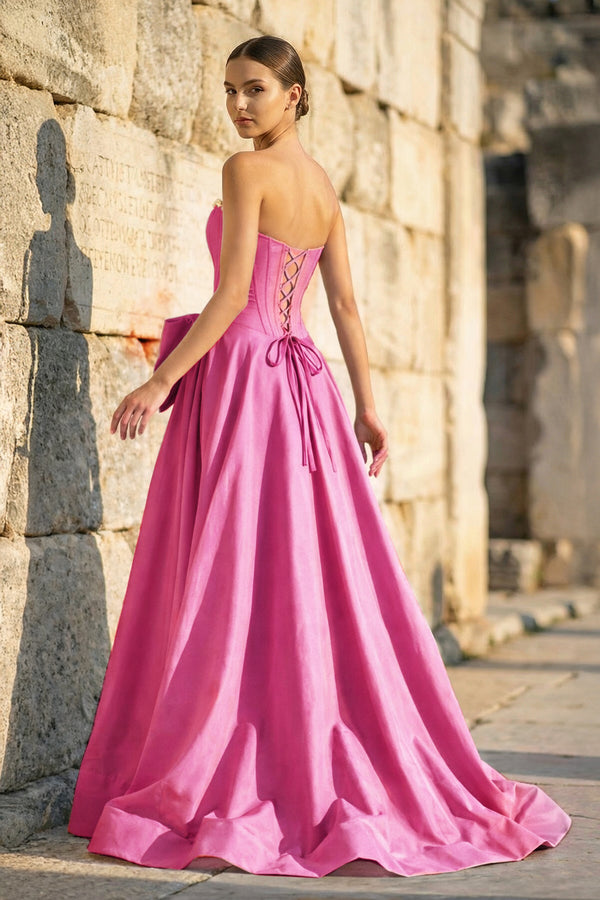 KissProm- Hot Pink Strapless A Line Satin Pearl Long Formal Prom Dresses With Bow
