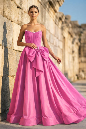 KissProm- Hot Pink Strapless A Line Satin Pearl Long Formal Prom Dresses With Bow