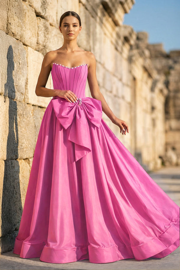 KissProm- Hot Pink Strapless A Line Satin Pearl Long Formal Prom Dresses With Bow