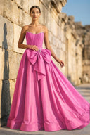 Pink - Strapless A Line Satin Pearl Long Formal Prom Dresses With Bow - KissProm