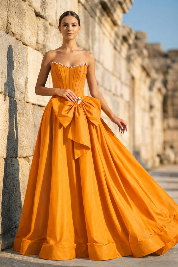 KissProm-Orange Strapless A Line Satin Pearl Long Formal Prom Dresses With Bow