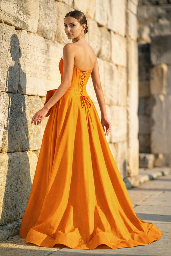 KissProm-Orange Strapless A Line Satin Pearl Long Formal Prom Dresses With Bow