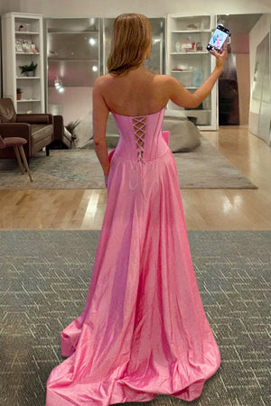Aspen | Pink - Strapless A Line Satin Pearl Long Formal Prom Dresses With Bow - KissProm