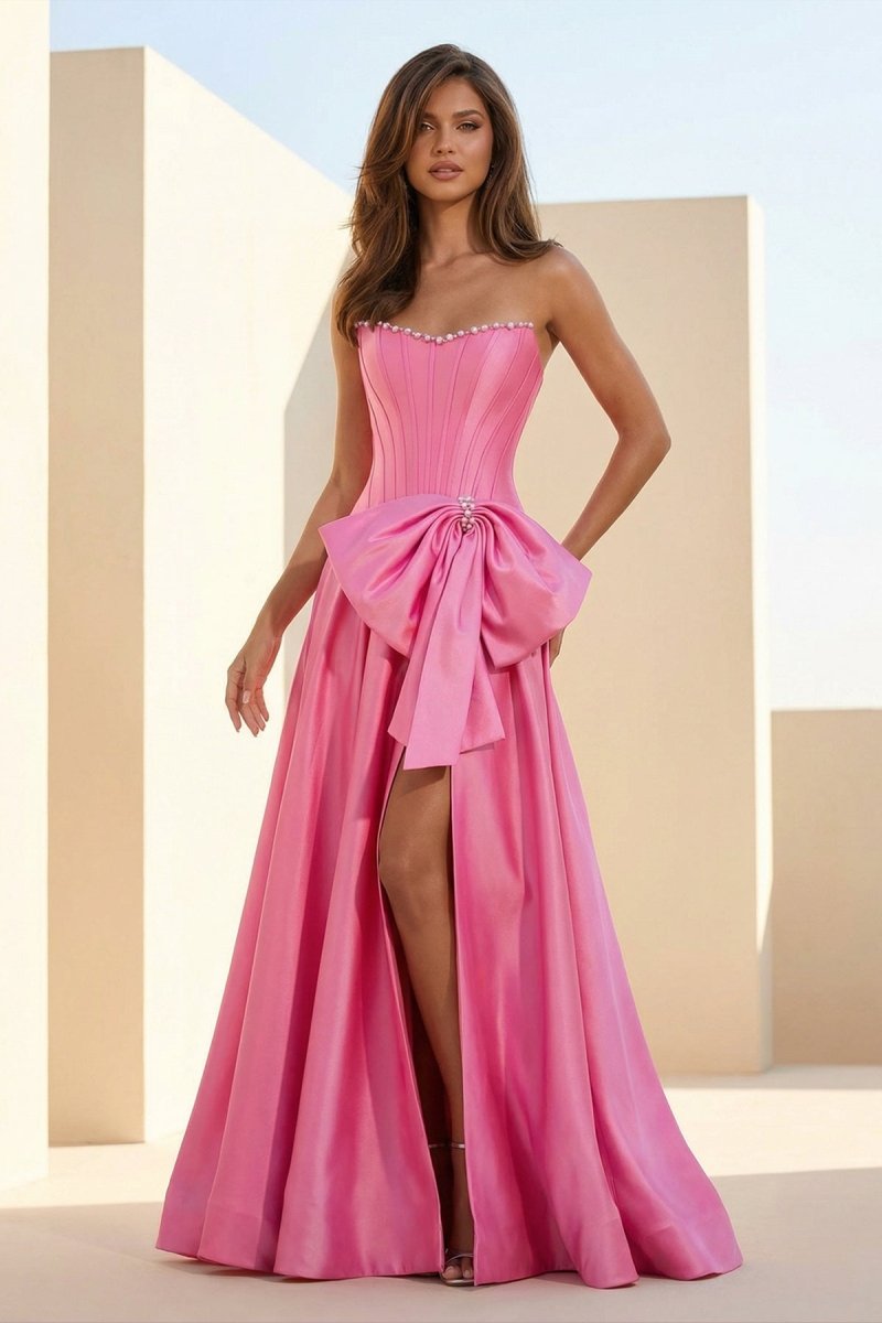 Aspen | Pink - Strapless A Line Satin Pearl Long Formal Prom Dresses With Bow - KissProm