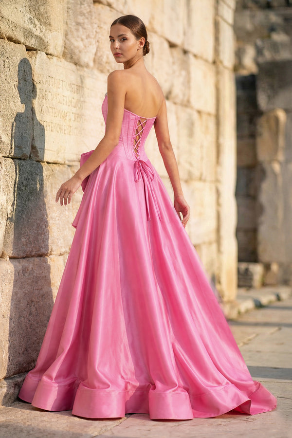 KissProm- Pink Strapless A Line Satin Pearl Long Formal Prom Dresses With Bow