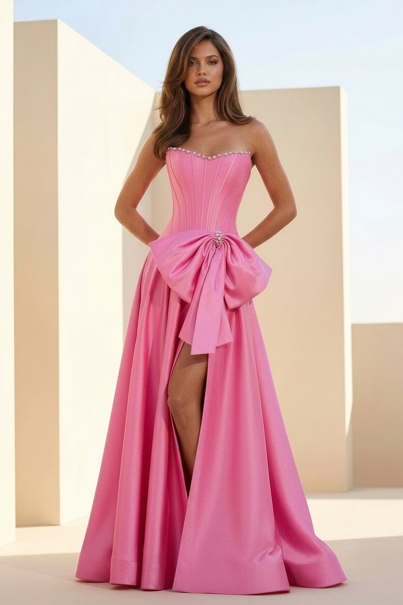 Aspen | Pink - Strapless A Line Satin Pearl Long Formal Prom Dresses With Bow - KissProm