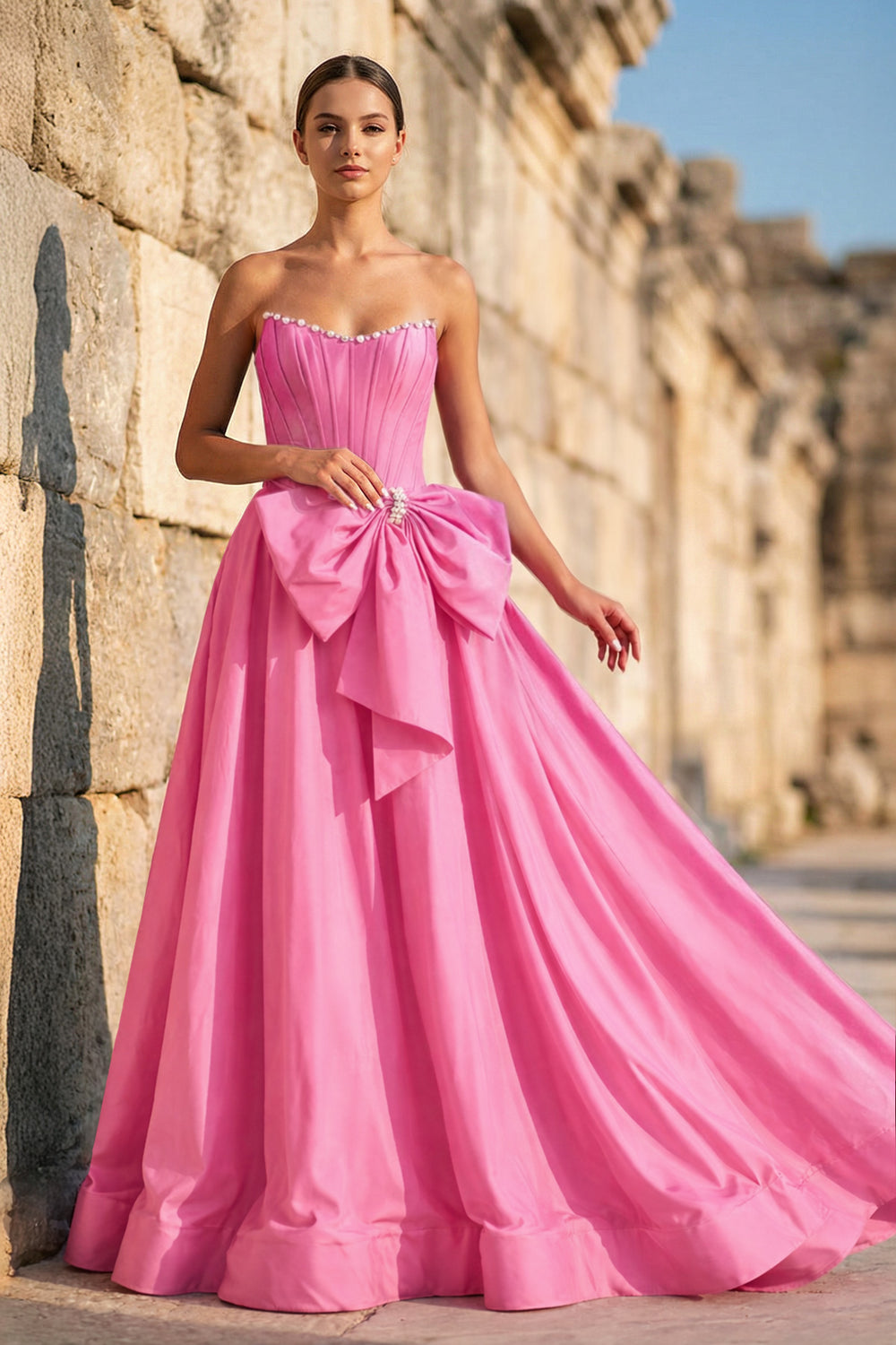 KissProm- Pink Strapless A Line Satin Pearl Long Formal Prom Dresses With Bow