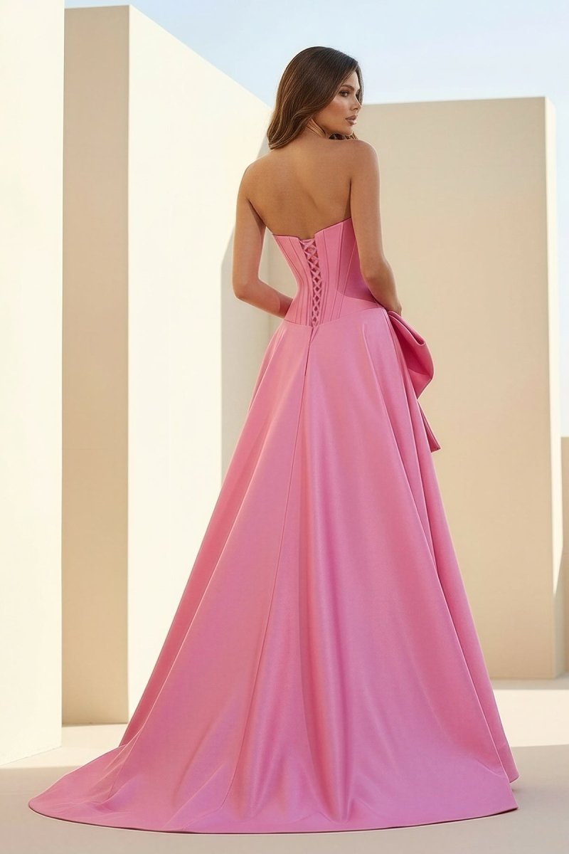 Aspen | Pink - Strapless A Line Satin Pearl Long Formal Prom Dresses With Bow - KissProm