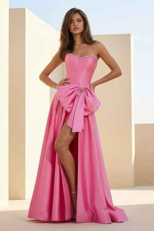 Aspen | Pink - Strapless A Line Satin Pearl Long Formal Prom Dresses With Bow - KissProm
