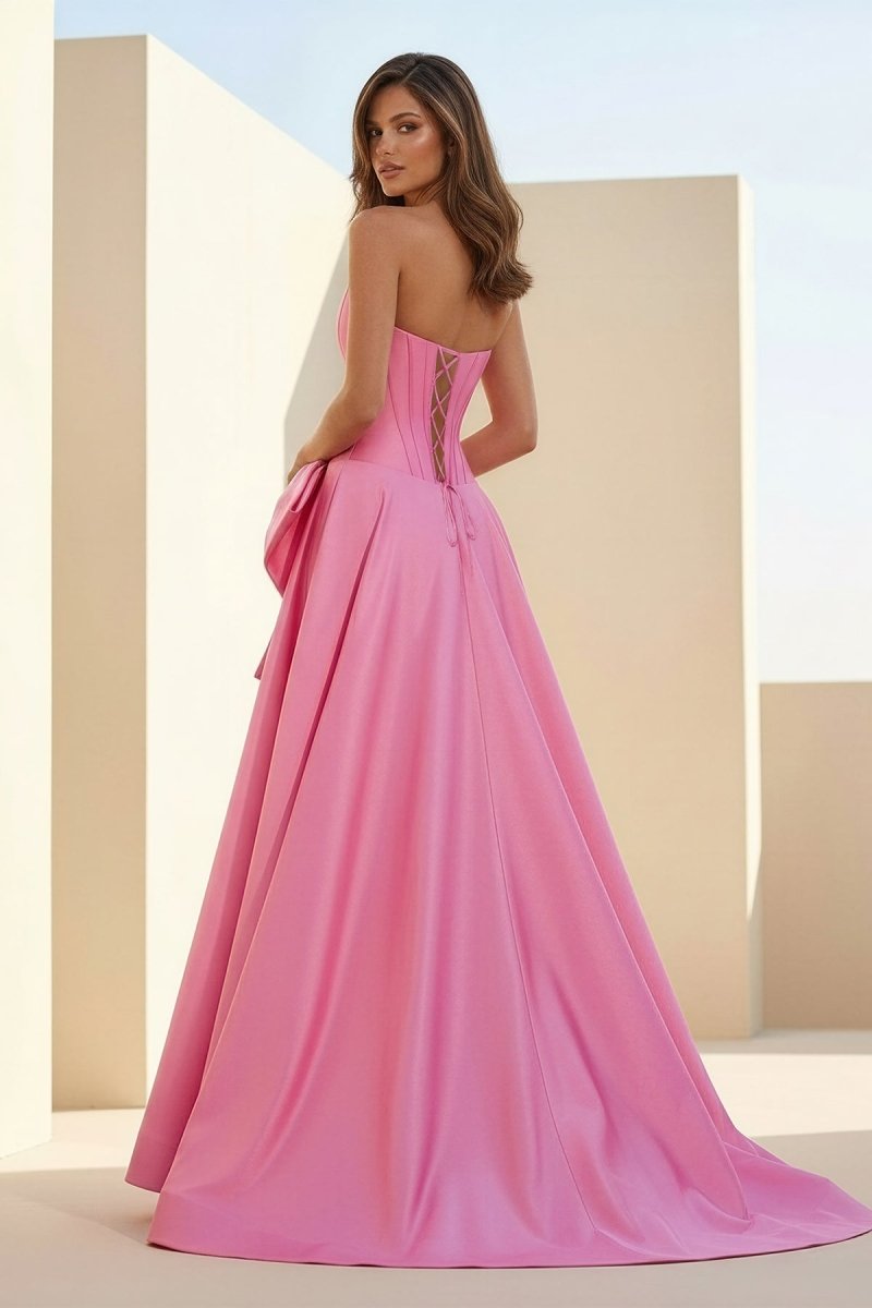 Aspen | Pink - Strapless A Line Satin Pearl Long Formal Prom Dresses With Bow - KissProm