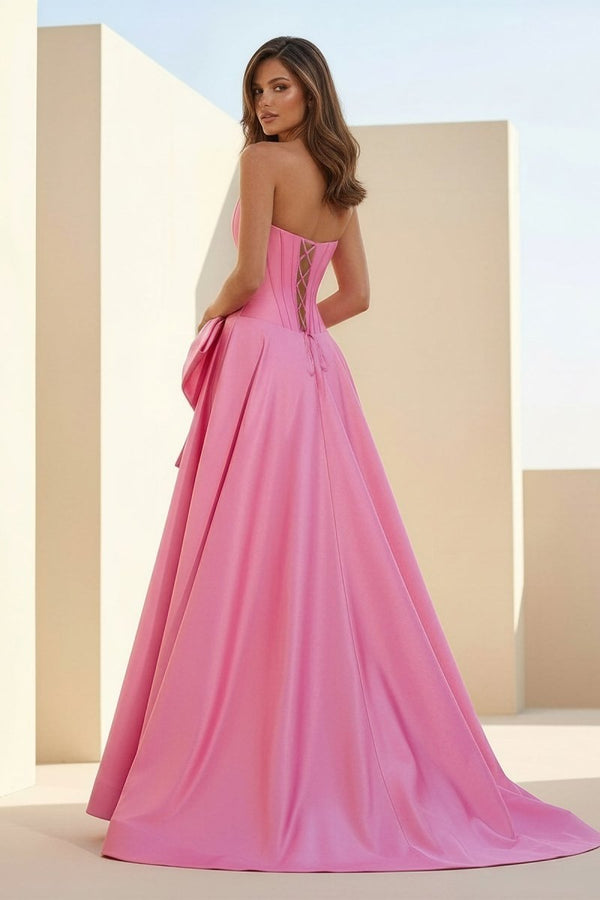 Aspen | Pink - Strapless A Line Satin Pearl Long Formal Prom Dresses With Bow - KissProm