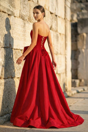 Pink - Strapless A Line Satin Pearl Long Formal Prom Dresses With Bow - KissProm