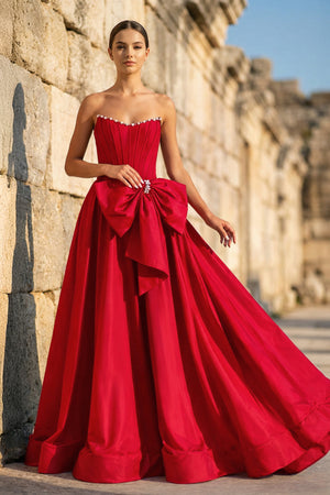KissProm-Red Strapless A Line Satin Pearl Long Formal Prom Dresses With Bow