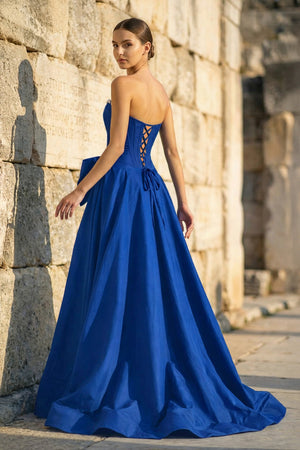 KissProm-Royal Blue Strapless A Line Satin Pearl Long Formal Prom Dresses With Bow