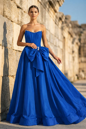 KissProm-Royal Blue Strapless A Line Satin Pearl Long Formal Prom Dresses With Bow