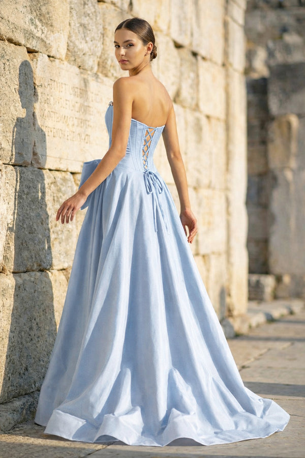 KissProm-Sky Blue Strapless A Line Satin Pearl Long Formal Prom Dresses With Bow