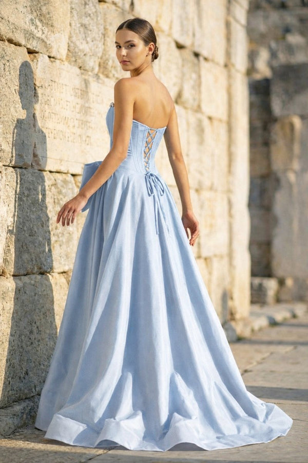 Pink - Strapless A Line Satin Pearl Long Formal Prom Dresses With Bow - KissProm