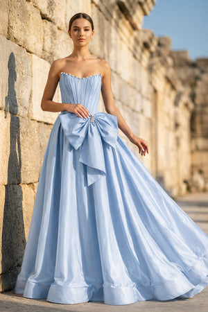 KissProm-Sky Blue Strapless A Line Satin Pearl Long Formal Prom Dresses With Bow