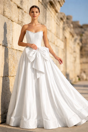 KissProm-White  Strapless A Line Satin Pearl Long Formal Prom Dresses With Bow