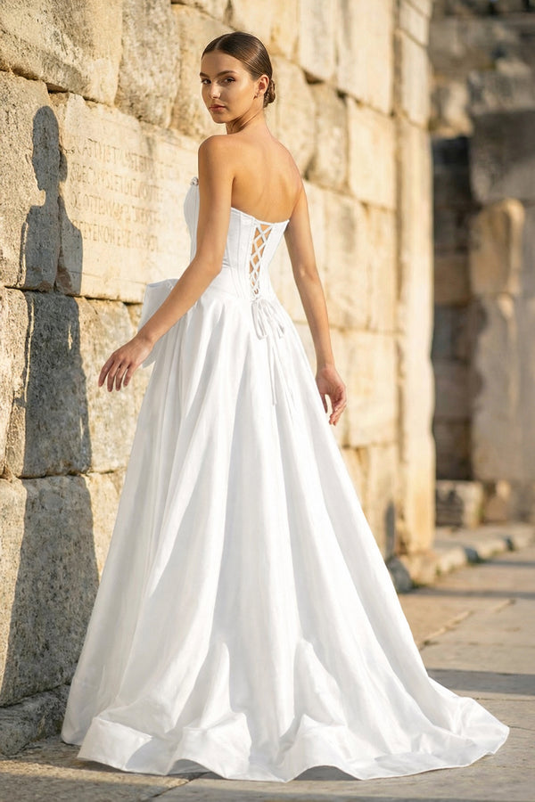 KissProm-White  Strapless A Line Satin Pearl Long Formal Prom Dresses With Bow