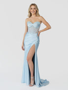 KissProm-Astraea Mermaid Strapless Blue Beaded Ruched Long Prom Dress with Slit