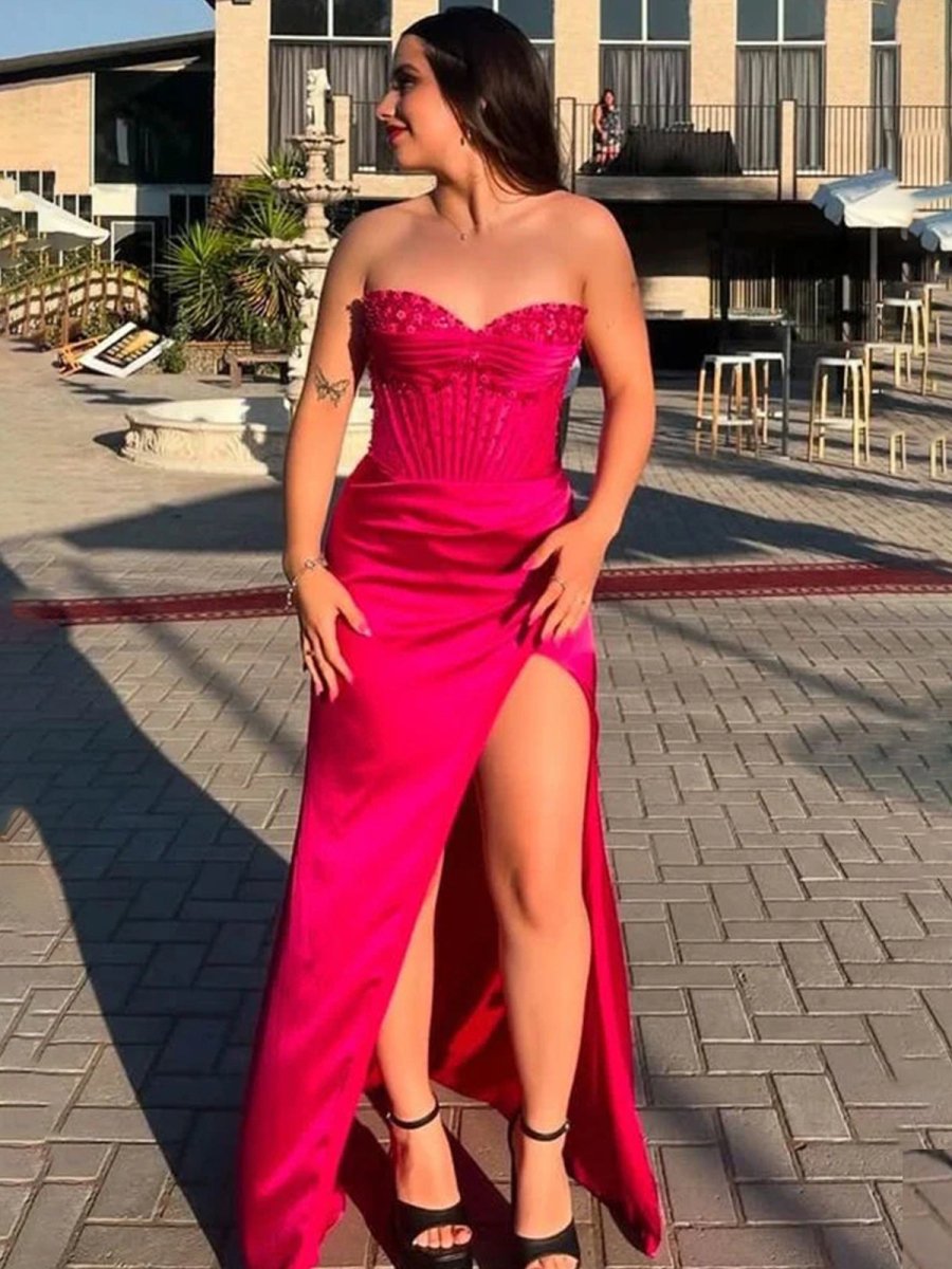 KissProm-Astraea Mermaid Strapless Fuchsia Beaded Ruched Long Prom Dress with Slit