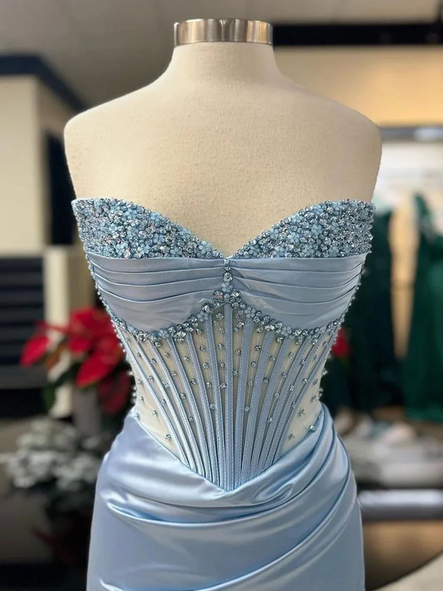 KissProm-Astraea Mermaid Strapless Blue Beaded Ruched Long Prom Dress with Slit