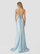 KissProm-Astraea Mermaid Strapless Blue Beaded Ruched Long Prom Dress with Slit