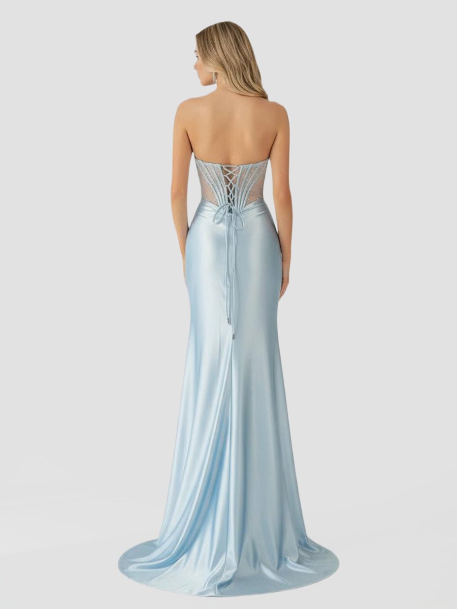 KissProm-Astraea Mermaid Strapless Blue Beaded Ruched Long Prom Dress with Slit